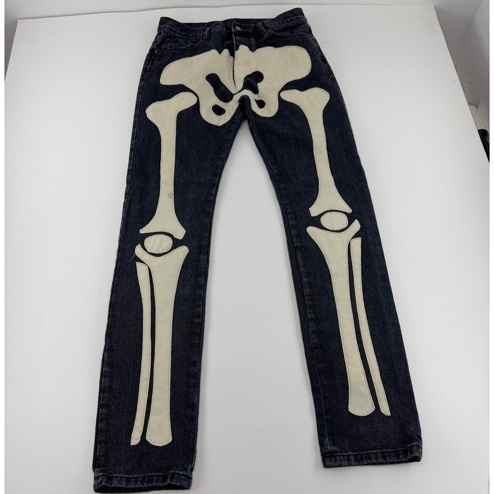 MNML Skeleton Bone Applique Jeans Mens 33 Washed Black Cotton Streetwear Denim